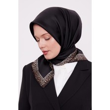 Siyah Şerit Leopar Desen Twill İpek Eşarp