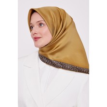 Yağ Yeşili Şerit Leopar Desen Twill İpek Eşarp