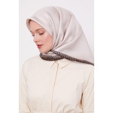 Ekru Şerit Leopar Desen Twill İpek Eşarp