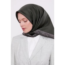 Haki Şerit Leopar Desen Twill İpek Eşarp