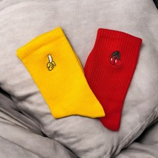 OMS 2 Çift Vişne ve Muz Desenli Nakışlı Unisex Soket Çorap Seti