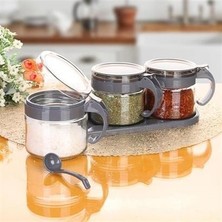 Nefertiya Buffer®  gri  3lü Standlı Kapaklı Kaşıklı Cam Hava Sızdırmaz Baharatlık Takımı KC-386