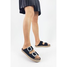 Gdt Ayakkabı Siyah Renk Taş Detaylı Hasır Taban Kadın Terlik