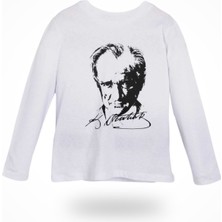 Kübra Tekstil Unisex Çocuk 23 Nisan Çocuk Bayramı Atatürk Baskılı Uzun Kollu Beyaz Tişört