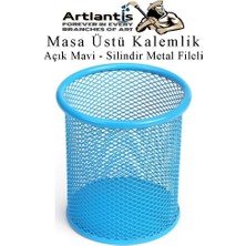 Artlantis Açık Mavi Silindir Masa Üstü Kalemlik 1 Adet Metal Fileli Renkli Perforeli Yuvarlak Kalemlik Ofis Büro Okul