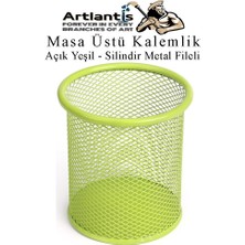 Artlantis Açık Yeşil Silindir Masa Üstü Kalemlik 1 Adet Metal Fileli Renkli Perforeli Yuvarlak Kalemlik Ofis Büro Okul