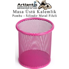 Artlantis Pembe Silindir Masa Üstü Kalemlik 1 Adet Metal Fileli Renkli Perforeli Yuvarlak Kalemlik Ofis Büro Okul
