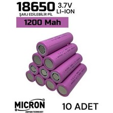 10 Adet 18650 Lityum Pil (Batarya) 1200 Mah (Amper) 3.7 V ( Volt) Şarj Edilebilir Başsız Pil