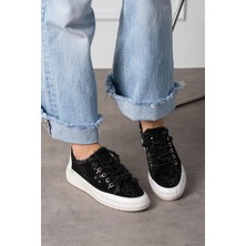 White Line Aria 2410 Kadın Taşlı Kot Sneaker Ayakkabı Siyah