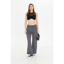 Koyu Gri  Wide Leg Geniş Paça Çırt Çırt Kapamalı  Pile Detaylı Yüksek Bel Dokuma Kumaş Pantolon