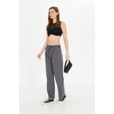Koyu Gri  Wide Leg Geniş Paça Çırt Çırt Kapamalı  Pile Detaylı Yüksek Bel Dokuma Kumaş Pantolon