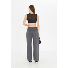 Koyu Gri  Wide Leg Geniş Paça Çırt Çırt Kapamalı  Pile Detaylı Yüksek Bel Dokuma Kumaş Pantolon