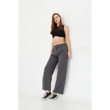 Koyu Gri  Wide Leg Geniş Paça Çırt Çırt Kapamalı  Pile Detaylı Yüksek Bel Dokuma Kumaş Pantolon