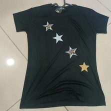 Ladijital Siyah  Yıldız Baskılı  Kısa Kollu Tshirt