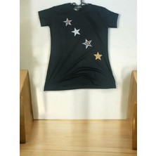 Ladijital Siyah  Yıldız Baskılı  Kısa Kollu Tshirt