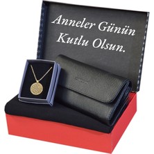 Carlino Kadın Hediye Seti Siyah Şal -Carlino Cüzdan -Yaşam Çiçeği Çelik Kolye