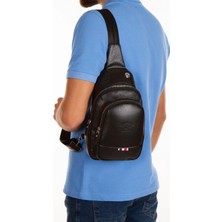 Siyah Unisex Suni Deri USB Kulaklık Çıkışlı Çanta Bodybag Göğüs ve Omuz Çantası