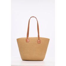 Haşema Deri Saplı Fermuarlı Hasır Plaj Çantası Toprak Renk 3120 Şık Görünüm ve Ergonomik Tasarım