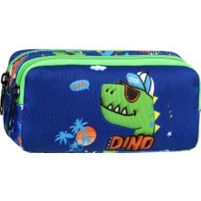 Niss Store Waddell Lisanslı Lacivert - Yeşil Dinazor Desenli 2 Cepli Kalem Kutusu