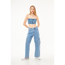 Kutaf Bol Kesim Kadın Denim Kargo Pantolon
