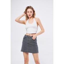 Kutaf Çizgili Mini Kot Etek