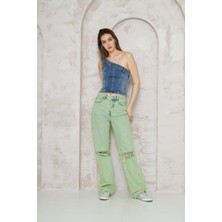 Kutaf Palazzo Dizler Lazerli Denim Pantolon