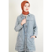 Denim Ceket Ön Taş Detaylı Araboy Ceket Alt Cepli Mavi