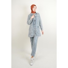 Denim Ceket Ön Taş Detaylı Araboy Ceket Alt Cepli Mavi