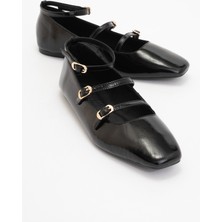 Luvi Glımmer Siyah Rugan  Deri Bilekten Bağlamalı Küt Burun Kadın Babet Ayakkabı