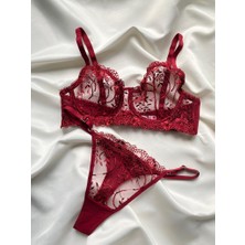 Merlif Lingerie Bordo Dantelli Brode Iç Çamaşır Takımı Bralette (Balenli Sütyen &tanga)