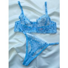 Merlif Lingerie Açık Bebe Mavisi Dantelli Brode Iç Çamaşır Takımı Bralette (Balenli Sütyen &tanga)