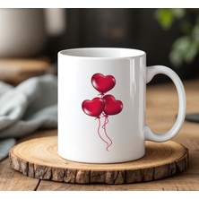 BB Design Kırmızı Kalpli Balonlar Tasarımlı Beyaz Seramik Baskılı Kupa Bardak 330 ml
