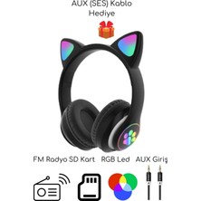 A Bass Kedili Kulaklık Bt Fm Radyo Sd Kart Aux Giriş Rgb Işıklı Kedili Kablosuz Kulaklık