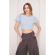 Kutaf Kısa Kollu Fermuarlı Denim Crop
