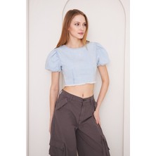 Kutaf Kısa Kollu Fermuarlı Denim Crop