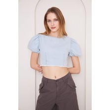 Kutaf Kısa Kollu Fermuarlı Denim Crop