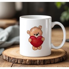 BB Design Kırmızı Kalpli Ayıcık Tasarımlı Beyaz Seramik Baskılı Kupa Bardak 330 ml