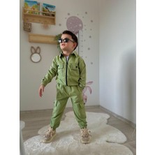 Gabardin Kumaş 3 Lü Yazılı, Baskılı  Erkek Çocuk Haki Yeşili Takım