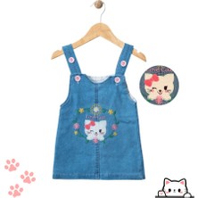 Kız Çocuk Düğme Kapamalı Kedi Işlemeli Kot Jile Elbise 1-2-3-4 Yaş