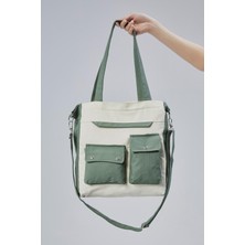 Çınar Bez Çanta Kanvas Ön Cepleri Çıtlı Çanta (Mint Yeşili-Ekru)