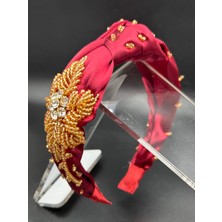 ByMerve El Işlemeli Saten Bordo Gold Işleme Abiye Nişan Kına Davet Kadın Saç Tacı