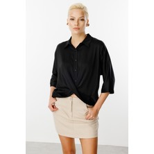 Ekol Kadın Önü Düğümlü Yarasa Kol Bluz 3040 Siyah