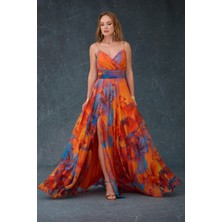 Carmen Kadın Askılı Sırt Dekolteli Empirme Abiye Elbise 58439 Turuncu