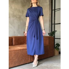 Osy Modal Yumuşak Dokulu Kumaş Yandan Bağlamalı Elbise - Lacivert