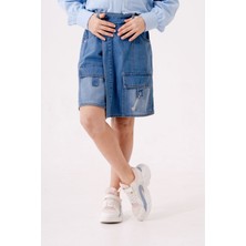 Kız Çocuk Şeritli Kot Şort Etek 2875