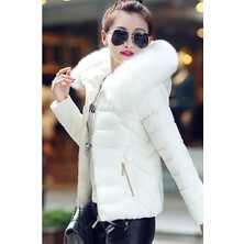 Kürklü Kapüşonlu Kadın Kısa Şişme Mont