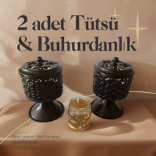 Siyah Renk 2 Adet  Şık Tasarımlı Metal Tütsü & Buhurdanlık Seti (Simli Mum Hediyeli) Mod1