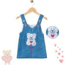 Kız Çocuk Düğme Kapamalı Ayıcık Işlemeli Kot Jile Elbise 1-2-3-4 Yaş