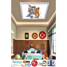 Gökyüzü Panel Çocuk Yatak Odası Avize Tom ve Jerry Ledli Avize 60WATT Beyaz Işık, Modern Çerçeve, LED 60 x 60 Avize