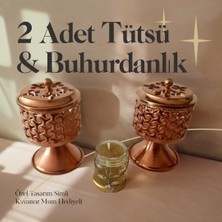 Bronz Renk 2 Adet Şık Tasarımlı Metal Tütsü & Buhurdanlık Seti (Simli Mum Hediyeli) Mod2